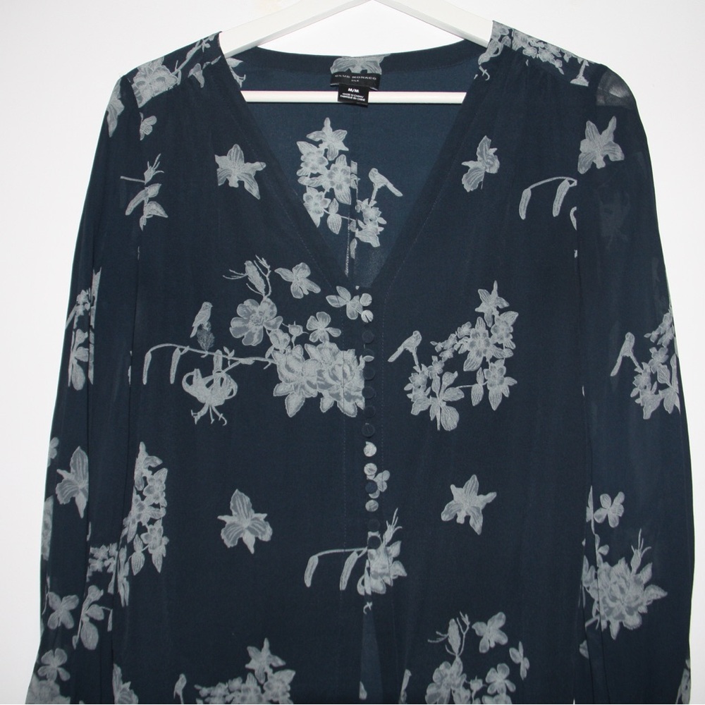 Club Monaco Silk Navy Blouse with Floral Design Size M